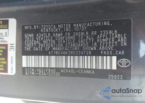 2008 Toyota Camry Le z USA, uszkodzony, nr VIN 4T1BE46K38U224728